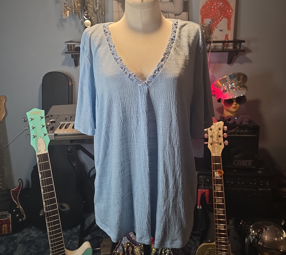 Light Blue V-Neck Tunic Top with Braided Trim